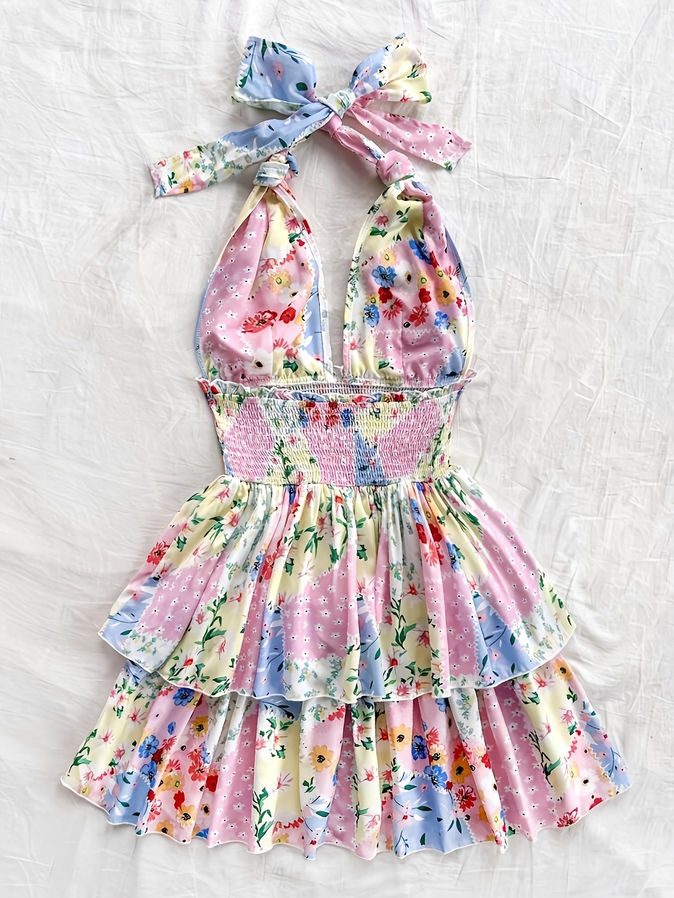 Floral Print Halter Suspender Dress for Women - Elegant Spring/Summer Sleeveless Mini Dress with Shirred Detail, Vibrant Floral Pattern, Lightweight Polyester, Perfect for Casual or Dressy Occasions, Formal Outfit | Bowknot D